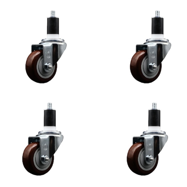 3'' SS Maroon Poly Wheel Swivel 1-1/2'' Expanding Stem Caster Set, 4PK